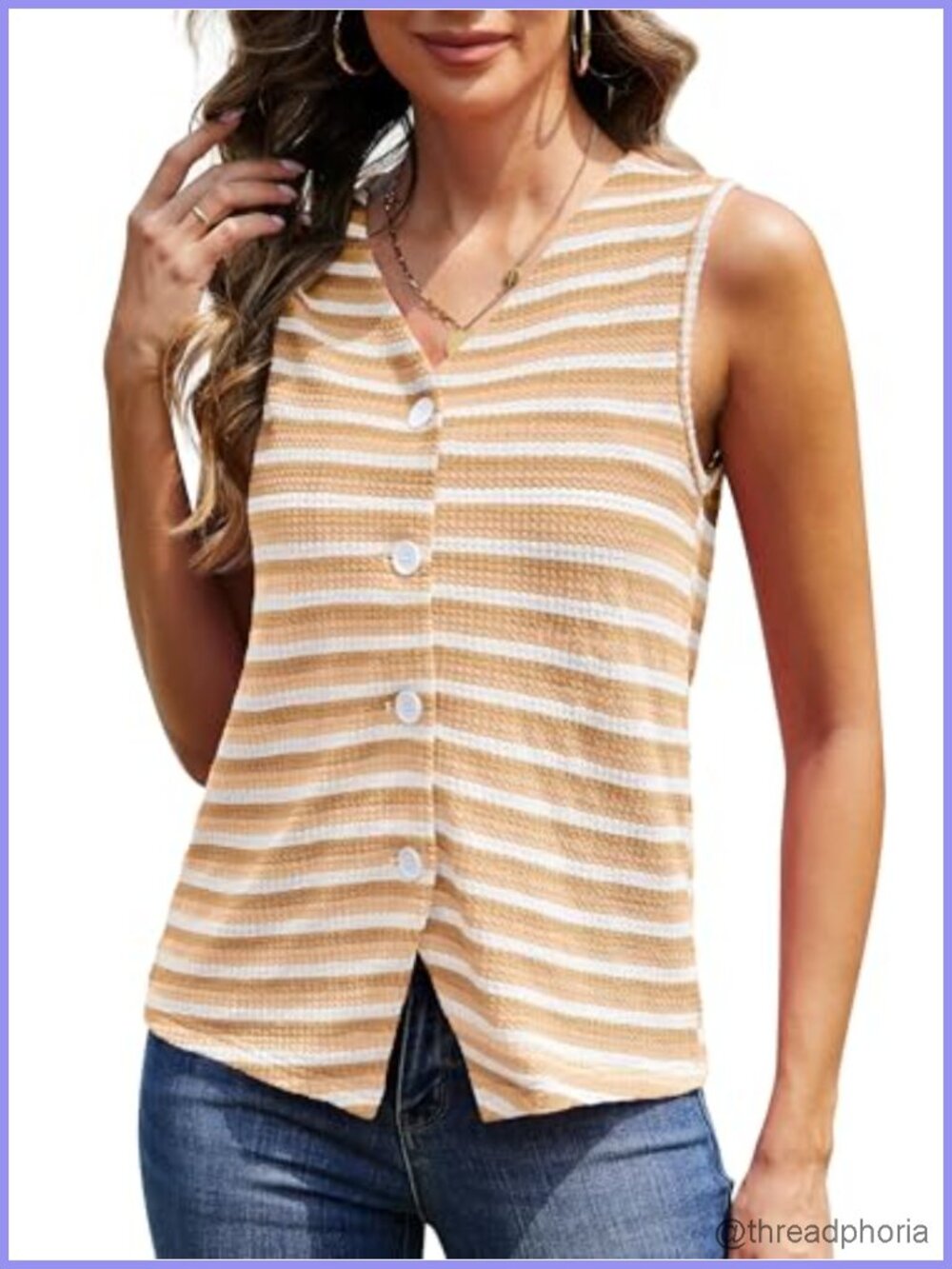 Women's Knit Vest Sleeveless Button Up V-Neck Striped Summer Top